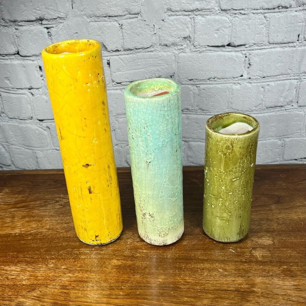 Kalalou Ceramic Crackle Glazed Rustic Bud Vases aqua blue green yellow Set of 3